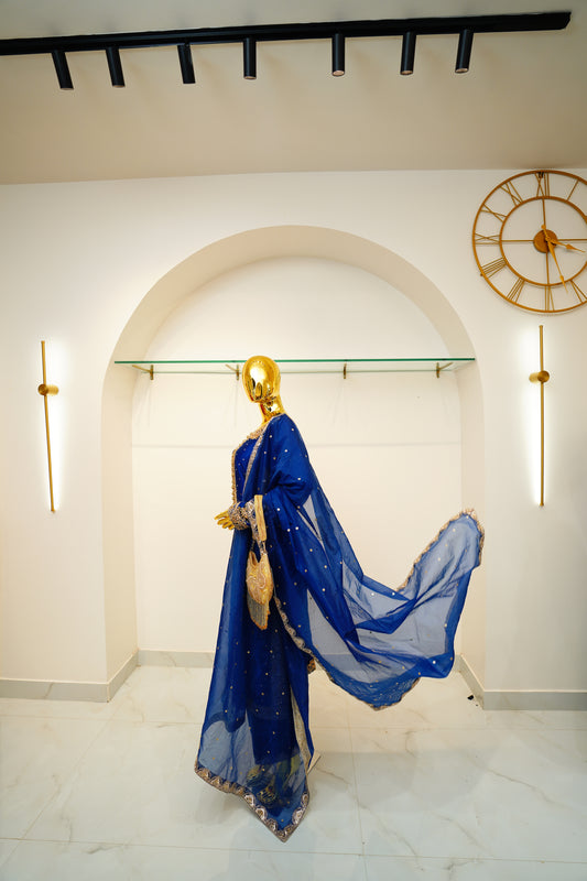 Party Wear Royal Blue Velvet Suit Set with Embroidery Sequence Work