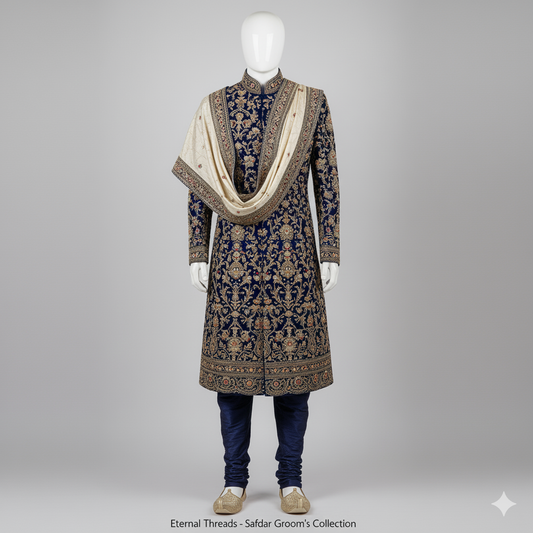 The Midnight Sapphire Zardosi Groom's Sherwani Set