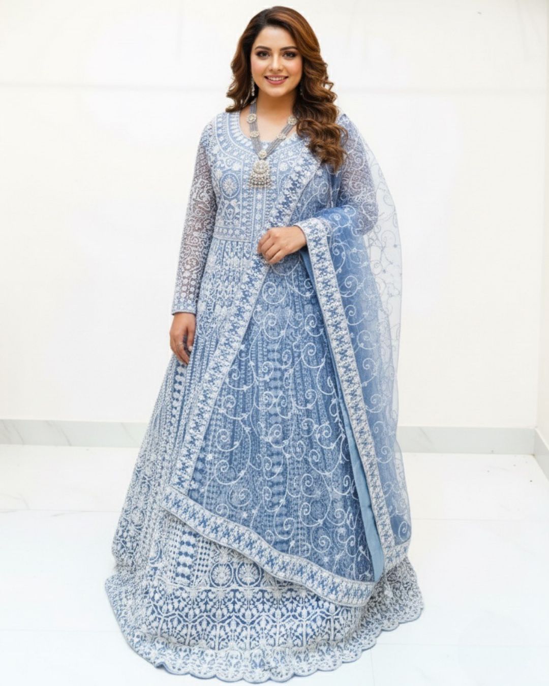 Sky Blue Embroidered Net Lehenga