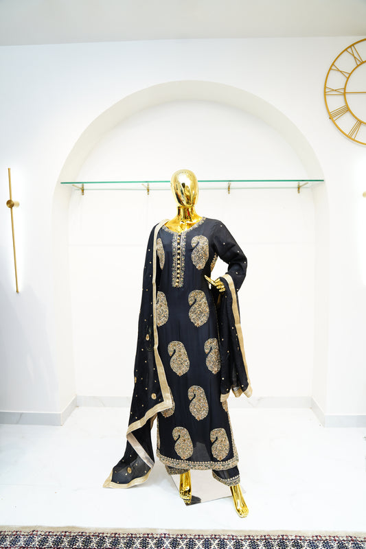 Black Elegant Designer Party Wear Top, Bottom and Dupatta Set