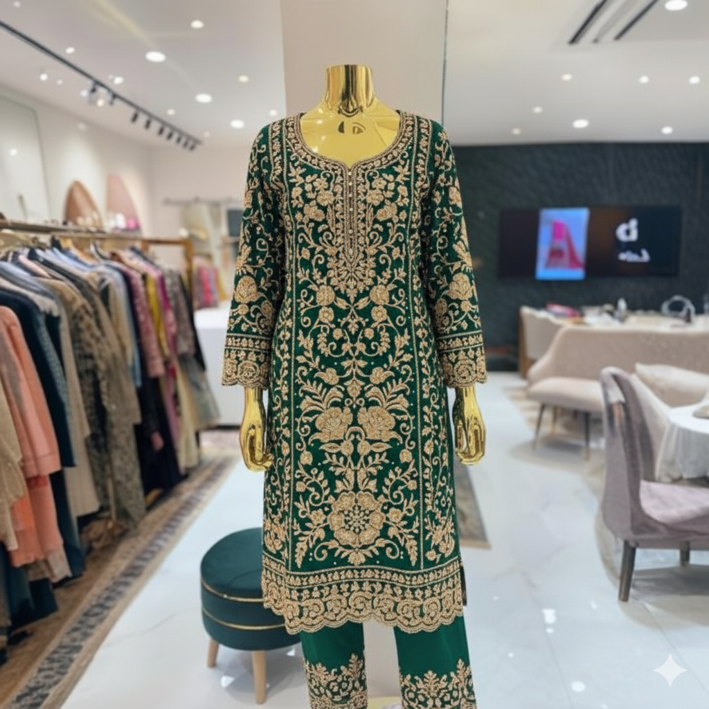 Emerald Green Embroidered Suit Set