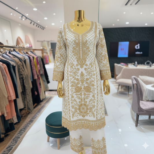 White and Gold Embroidered suit